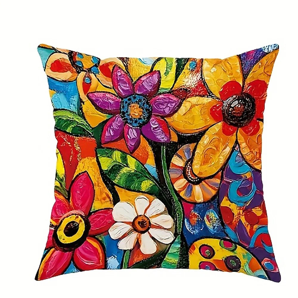A vibrant floral print decorative pillowcase featuring colorful flowers and leaves.