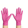 A pair of bright pink nitrile disposable gloves displayed against a white background.
