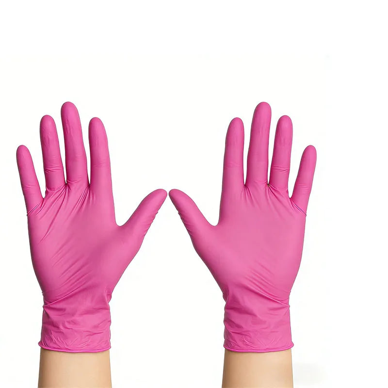 A pair of bright pink nitrile disposable gloves displayed against a white background.
