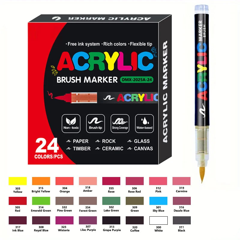 A set of 168 color acrylic brush marker pens packaged in a box with various colors displayed below.