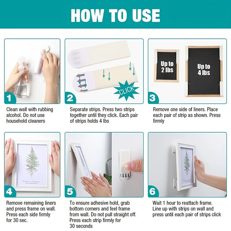 Instructions for using removable adhesive picture hanging strips to display artwork on a wall.