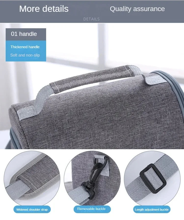 Close-up view of a gray insulated lunch bag showing details like the thickened handle, shoulder strap, and removable buckle.