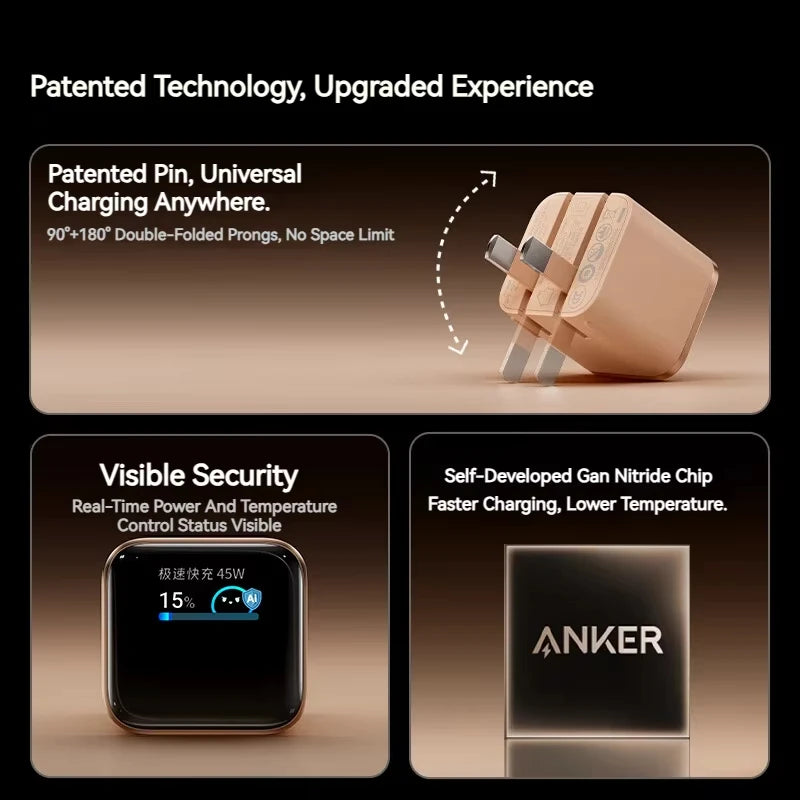 Chargeur intelligent Anker 45W Nano avec conception de broche brevetée et fonctions de sécurité visibles.