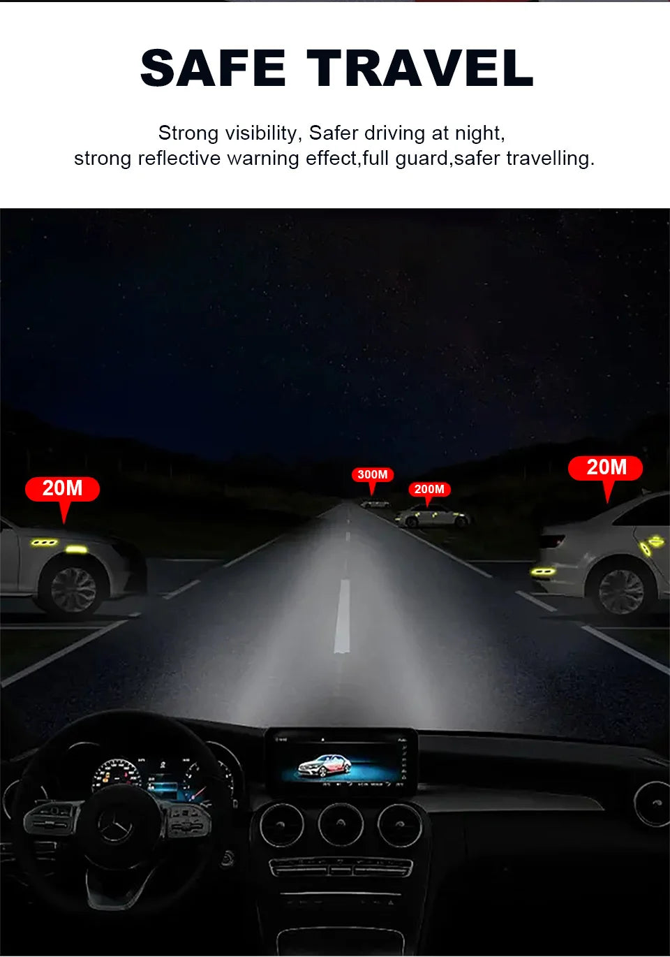A car's headlights illuminate a road, demonstrating the strong visibility and reflective warning effect of safety tape for ve