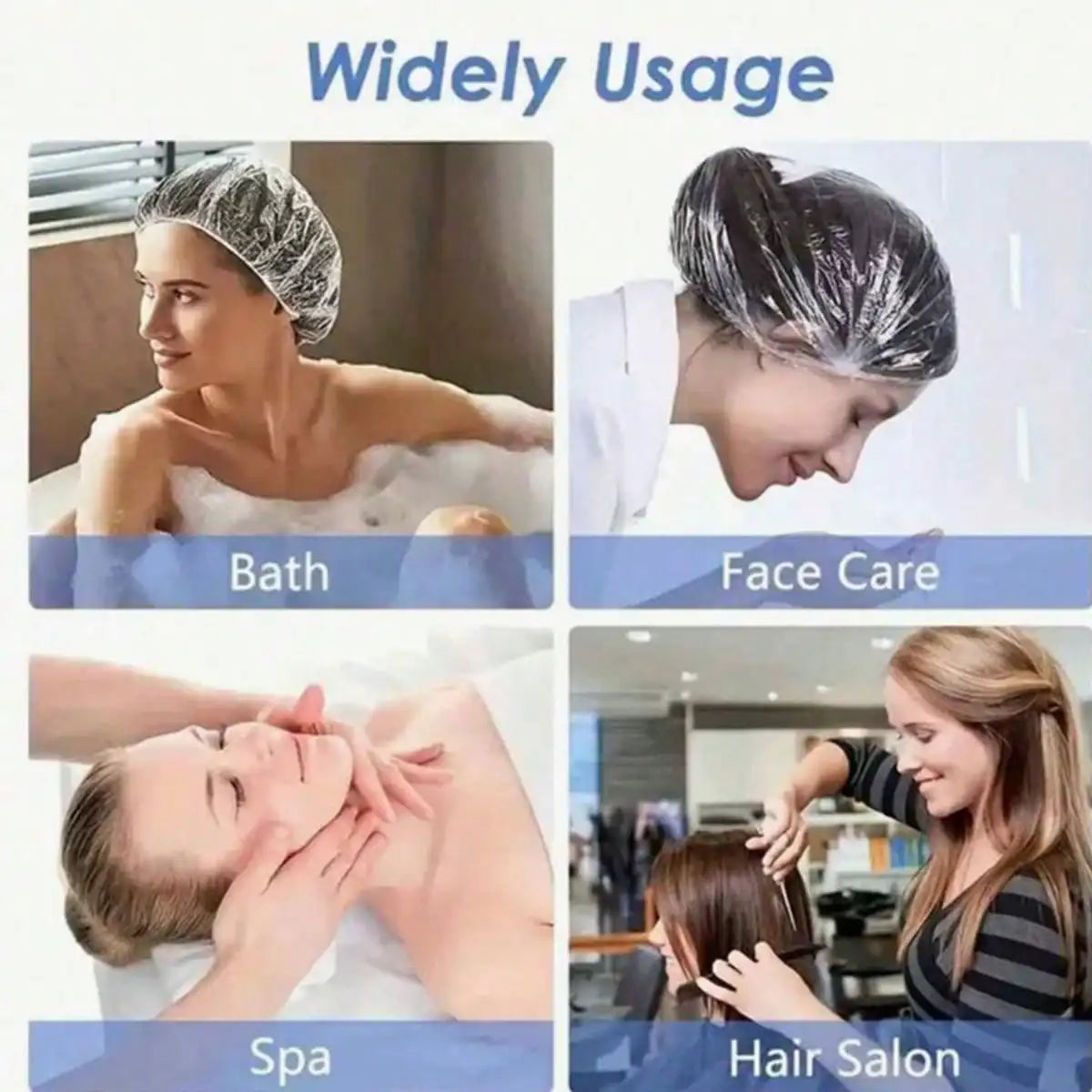 Image showing various uses of disposable transparent shower caps including bath, face care, spa, and hair salon services.