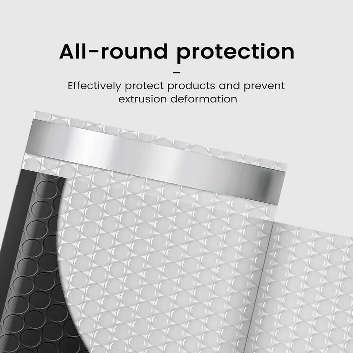 Close-up view of clear bubble mailers with a silver sealing strip, demonstrating all-round protection.