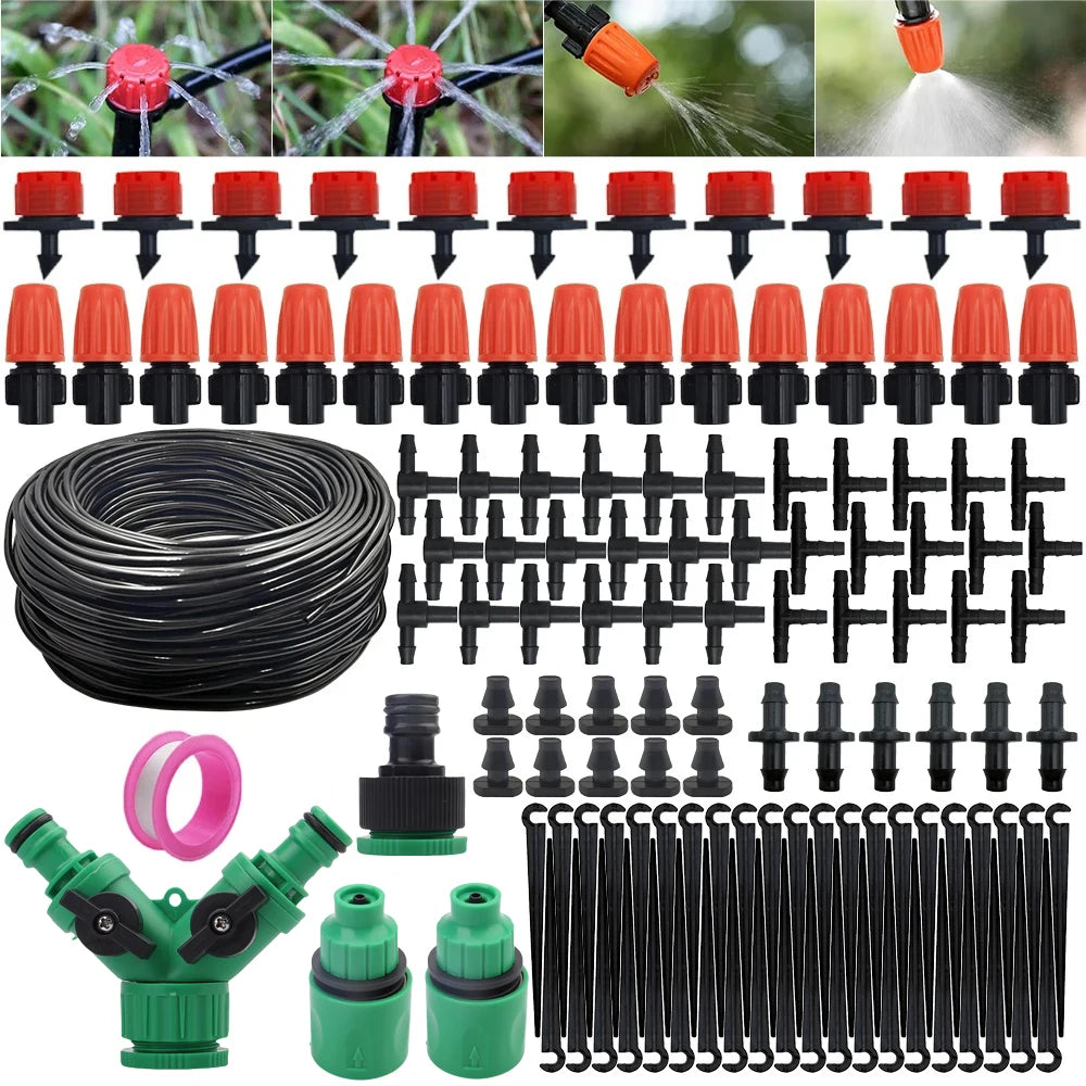 A collection of drip irrigation components including emitters, tubing, and various nozzles for garden and plant watering.