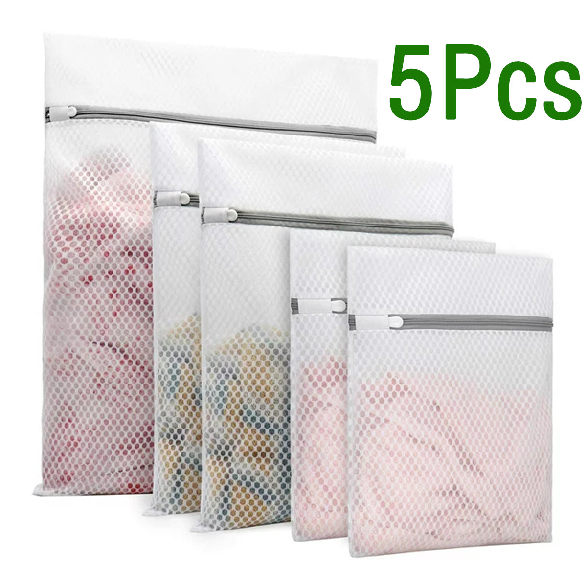 Five reusable mesh laundry bags with protective zippers in various sizes and colors