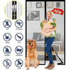 A woman stands in front of a glass door with a magnetic screen door curtain, demonstrating hands-free insect protection.