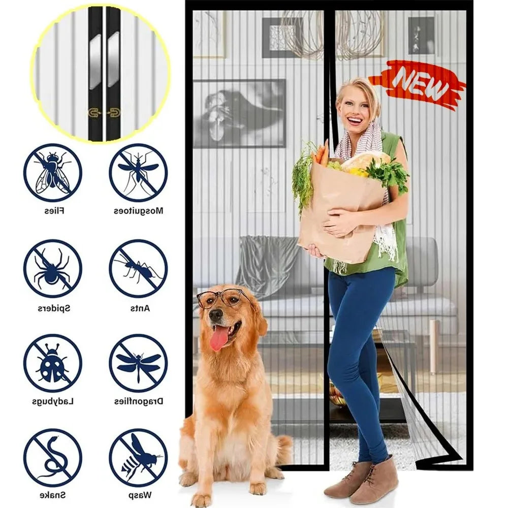 A woman stands in front of a glass door with a magnetic screen door curtain, demonstrating hands-free insect protection.