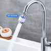 A close-up of a chrome kitchen faucet with a white filter attachment showing water flow and a 360° rotation feature.