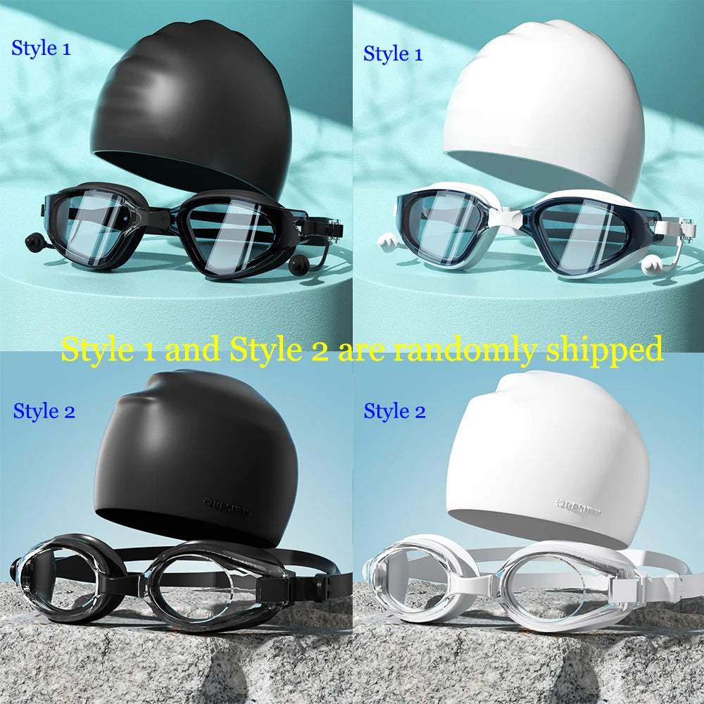 Dos estilos de gafas de natación antiempañantes HD en blanco y negro con juntas de silicona.