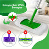 A green mop refill pad is shown being used with a sweeper, demonstrating compatibility and fit.