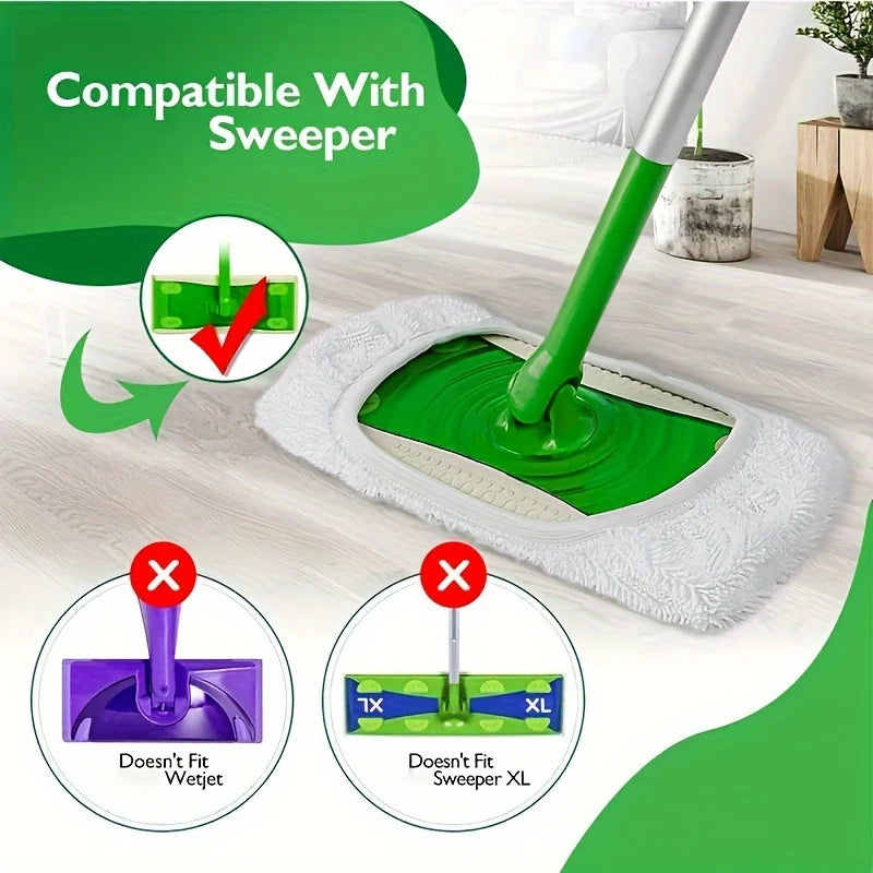 A green mop refill pad is shown being used with a sweeper, demonstrating compatibility and fit.