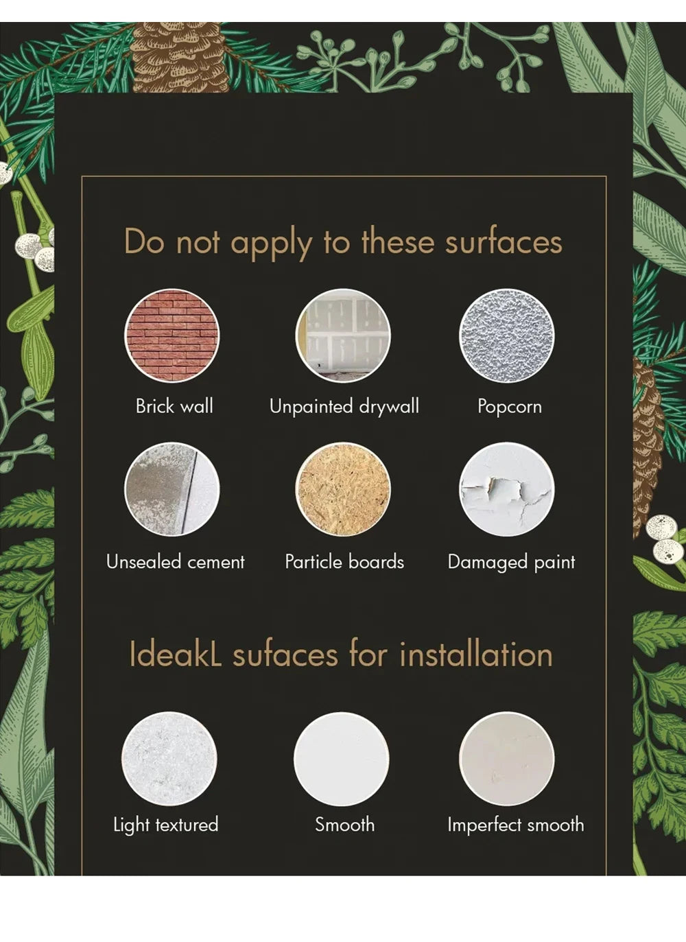A guide showing surfaces to avoid and suitable surfaces for installation of IdeakL self-adhesive PVC foam wallpaper border tr