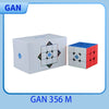A white GAN 356 M magnetic speed cube puzzle is shown next to a blue one.