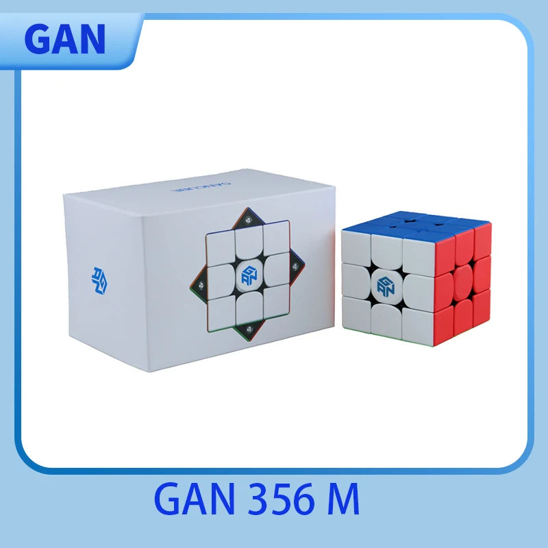 A white GAN 356 M magnetic speed cube puzzle is shown next to a blue one.