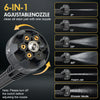 A black cordless electric pressure washer with a 6-in-1 adjustable nozzle demonstrating various spray angles and modes.