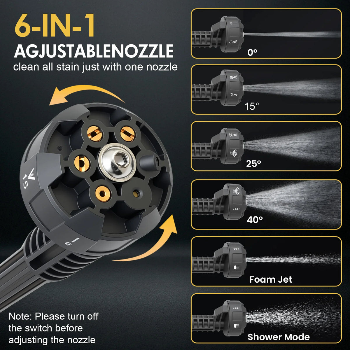 A black cordless electric pressure washer with a 6-in-1 adjustable nozzle demonstrating various spray angles and modes.