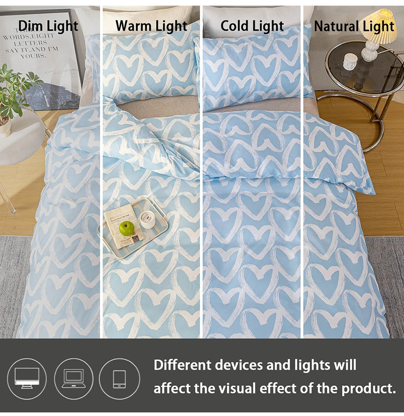 A set of heart print duvet cover and pillowcases in blue and gray fabric displayed under dim, warm, cold, and natural light.