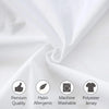 White polyester jersey fabric folded to show quality and features like hypoallergenic and machine washable