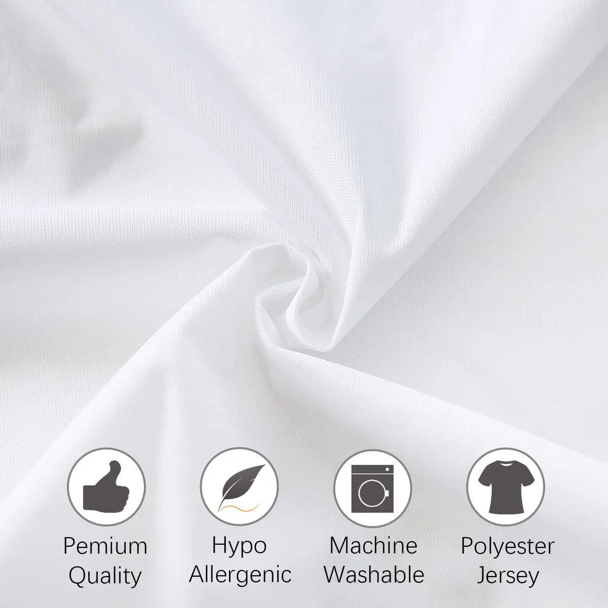White polyester jersey fabric folded to show quality and features like hypoallergenic and machine washable