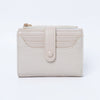 A light beige premium PU leather bi-fold wallet with a flap closure and gold-toned hardware.