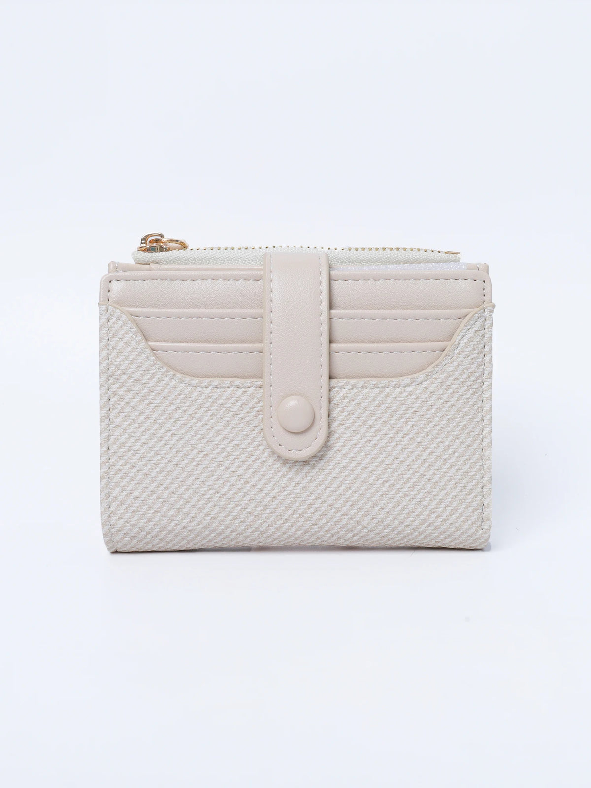 A light beige premium PU leather bi-fold wallet with a flap closure and gold-toned hardware.