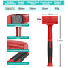 A red rubber mallet with a black handle and a textured head is shown next to specifications.