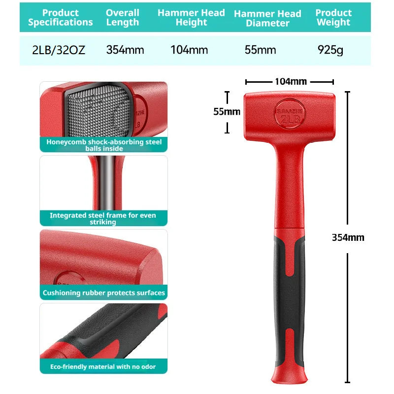 A red rubber mallet with a black handle and a textured head is shown next to specifications.