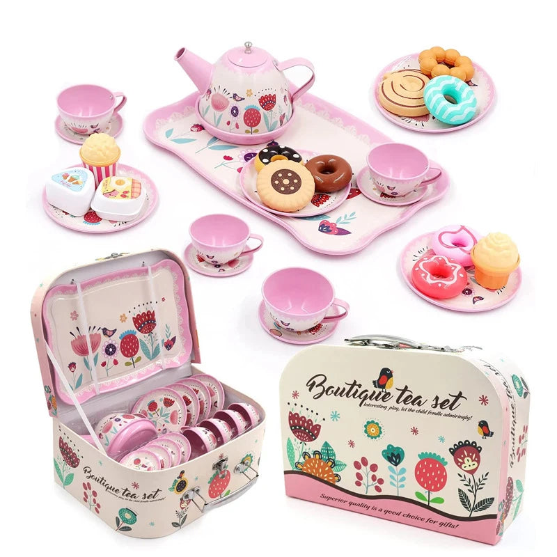 A pink and green boutique tea set with a serving tray, including teacups, a teapot, and rolled tea sweets.