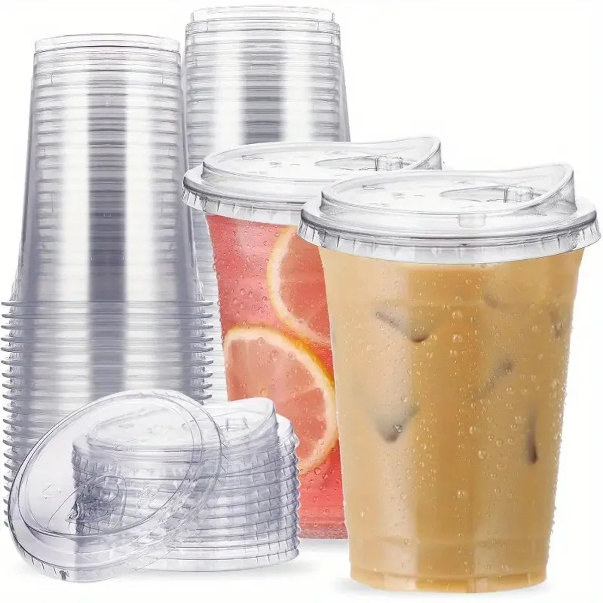 Clear Disposable Plastic Cups with Lids for Iced Drinks