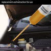 A yellow manual fluid transfer syringe pump is shown extracting or replacing brake, gear oil, hydraulic, or transmission oil 