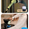 A cordless electric spin scrubber is shown with various brush heads for glass cleaning and surface cleaning.