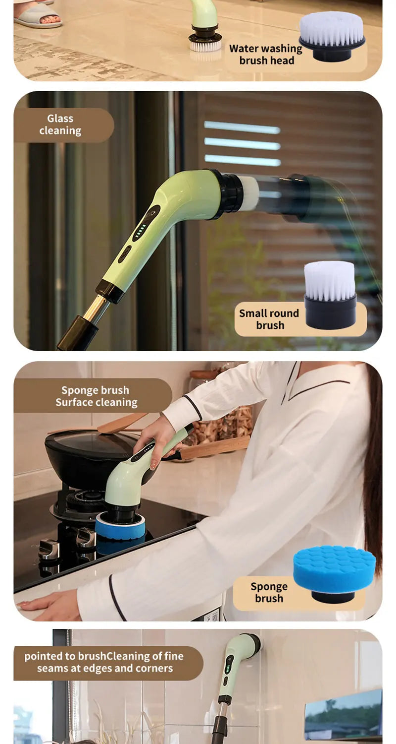 A cordless electric spin scrubber is shown with various brush heads for glass cleaning and surface cleaning.