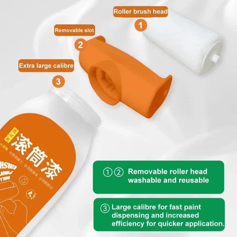 Orange roller brush head and paint container showing a removable roller head for efficient paint application.