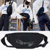 Black linen waist pack featuring a hand gesture design shown in various lifestyle photos.