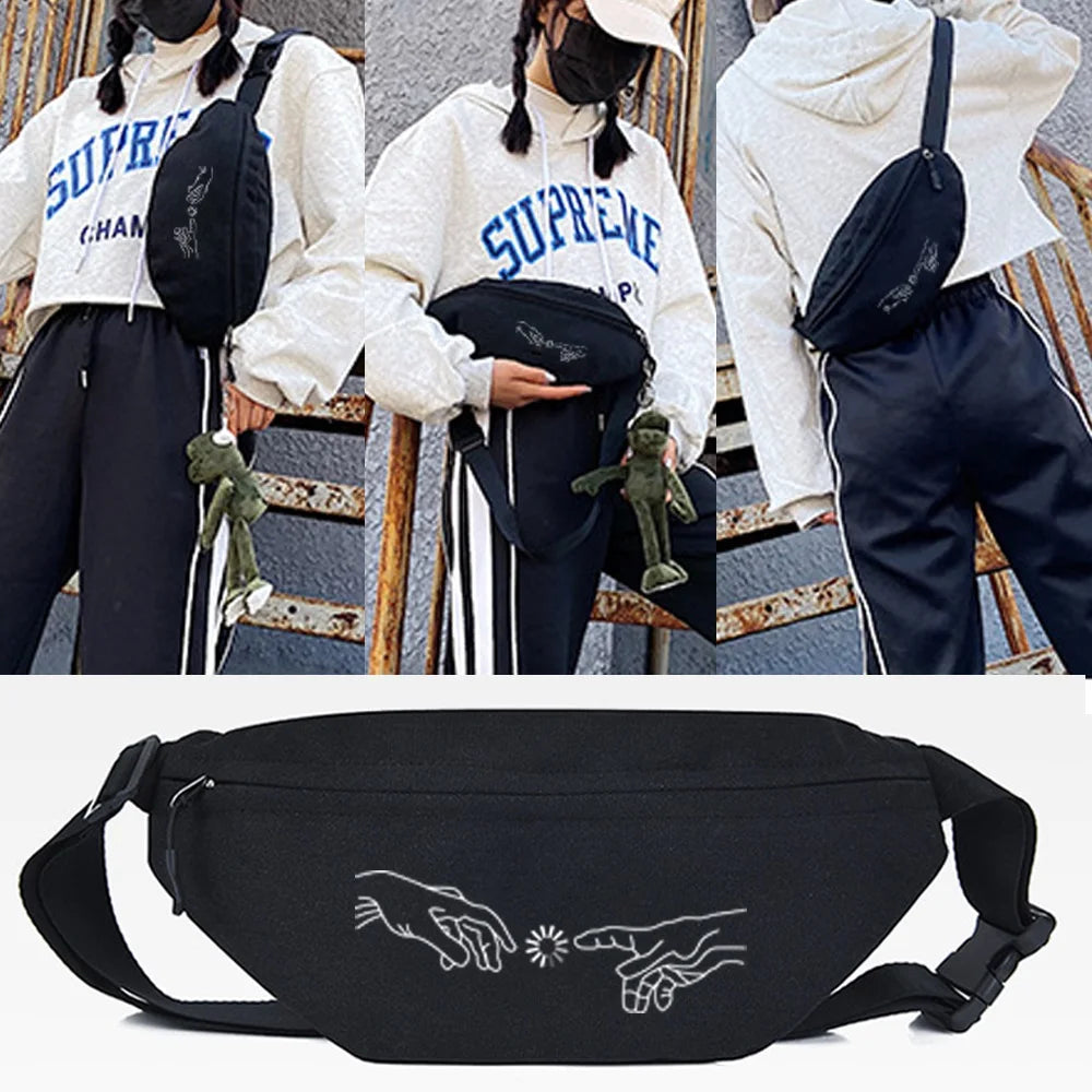 Black linen waist pack featuring a hand gesture design shown in various lifestyle photos.