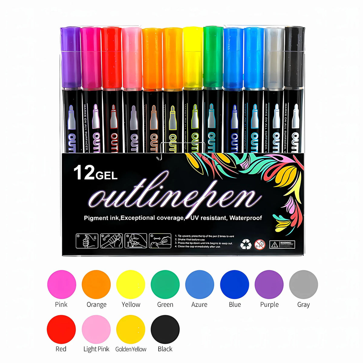 A set of 12 gel outline pens in various colors including pink, orange, yellow, green, blue, and purple.