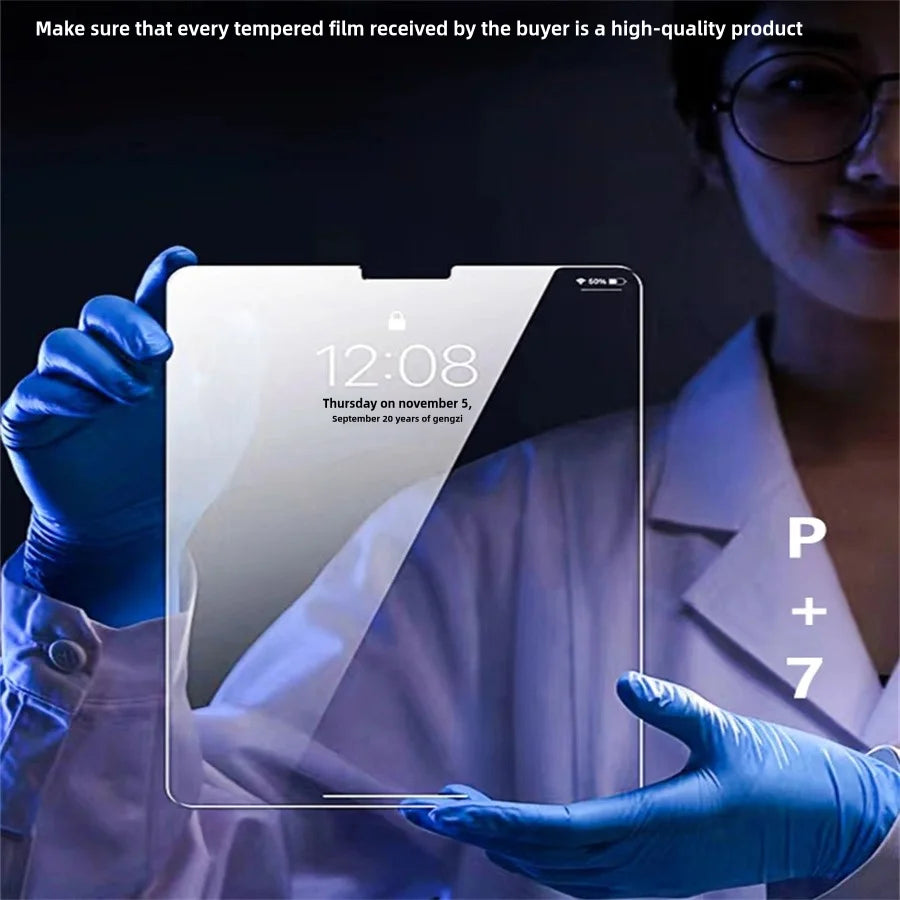 A hand in a blue glove holds up a smartphone displaying the time 12:08 and text about a high-quality product.