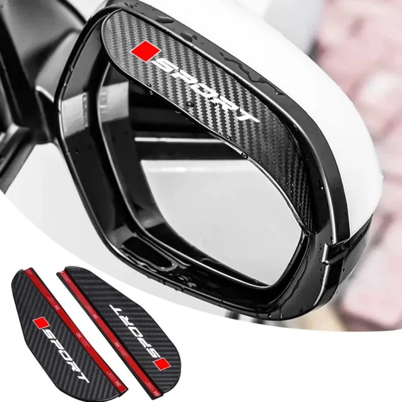 Black carbon fiber rain covers for car side mirrors shown in various angles