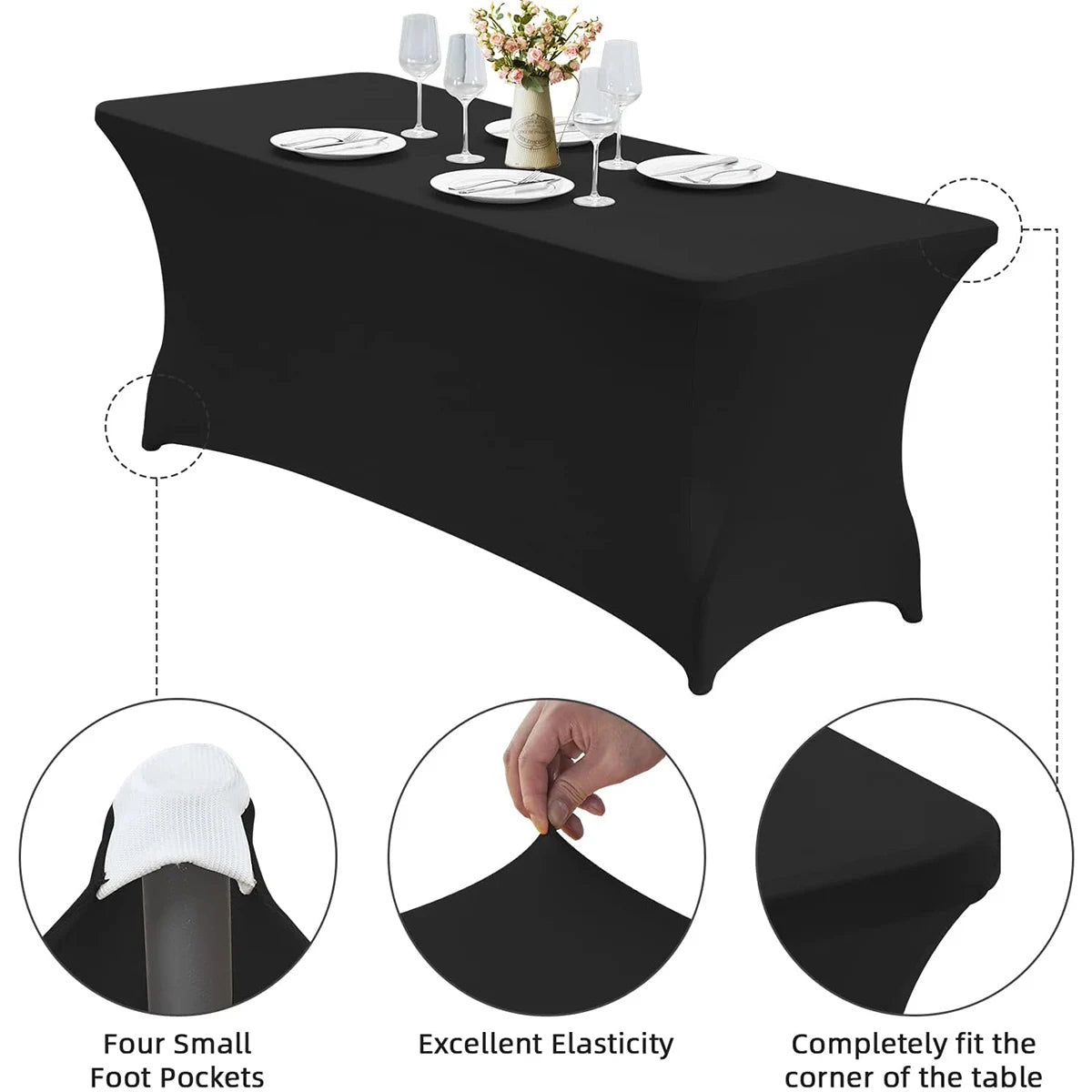 Black stretchable spandex tablecloth with four small foot pockets and excellent elasticity