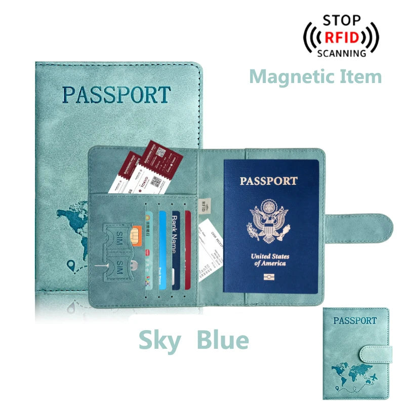 A Sky Blue RFID blocking passport holder with magnetic item features and card slots.