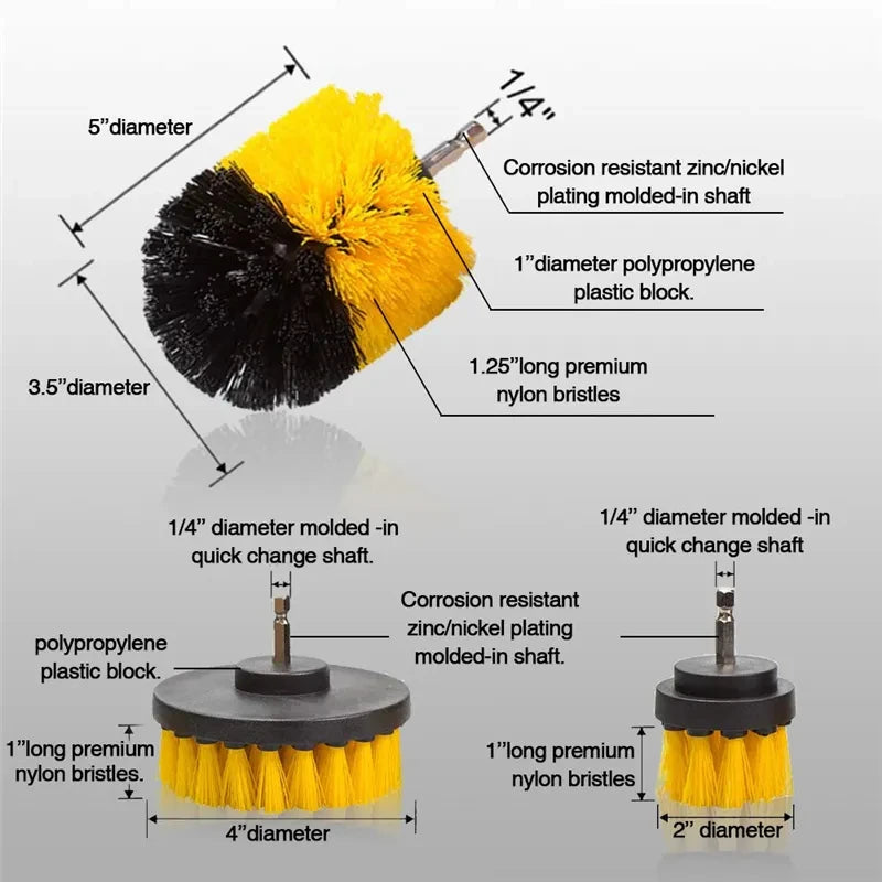 A 3-piece power scrubber brush kit showing yellow and black nylon bristles and plastic blocks for cleaning.