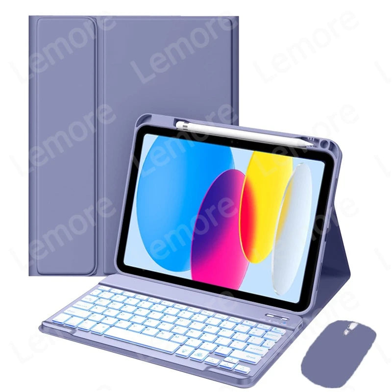 A silver iPad is shown with a matching keyboard case and a stylus holder.