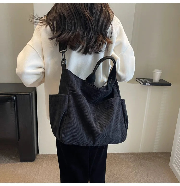 Multi-Pocket Corduroy Tote Bag – Large Capacity Casual Satchel for Travel, Work & Commute