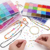 A hand is shown holding strings of multicolor acrylic rice beads and a storage box filled with similar beads.
