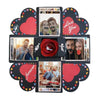 A DIY explosion photo gift box featuring various couple photos framed in heart-shaped cutouts.