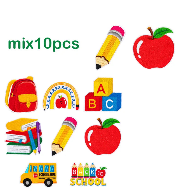 A set of ten iron-on patches featuring school-themed items like pencils, apples, and a school bus.