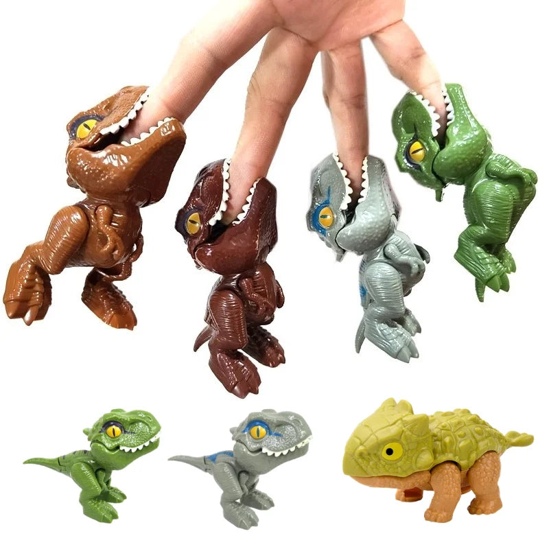 Interactive finger biting dinosaur toys featuring Triceratops and Tyrannosaurus dinosaurs in various colors